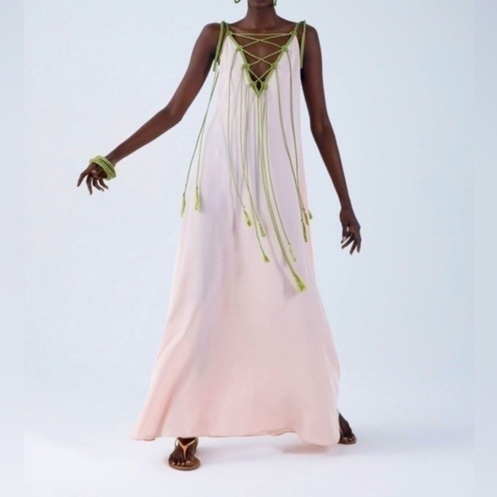 My Beachy Side Monarch Maxi Dress Pink Olive Green Crochet Tassel Resortwear M - Picture 3 of 10